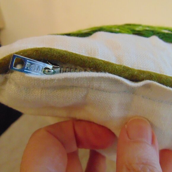 Vintage Ivory Pillow with Green Floral Embroidery, Handmade, 16 in x 14.5 in - Picture 5 of 8